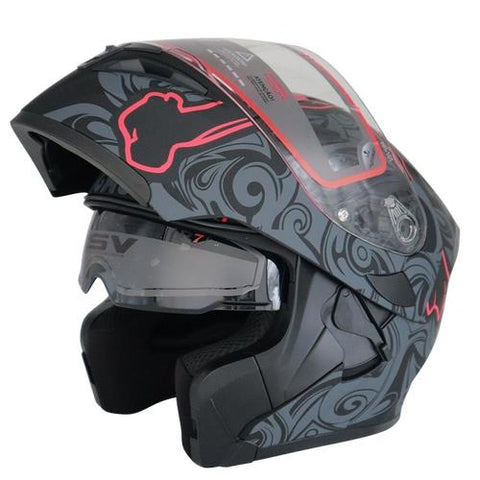 CASCO ABATIBLE R7 RACING UNSCARRED TRIBAL SKULL DOBLE MICA DOT GRS/ROJ/NGO/MATE